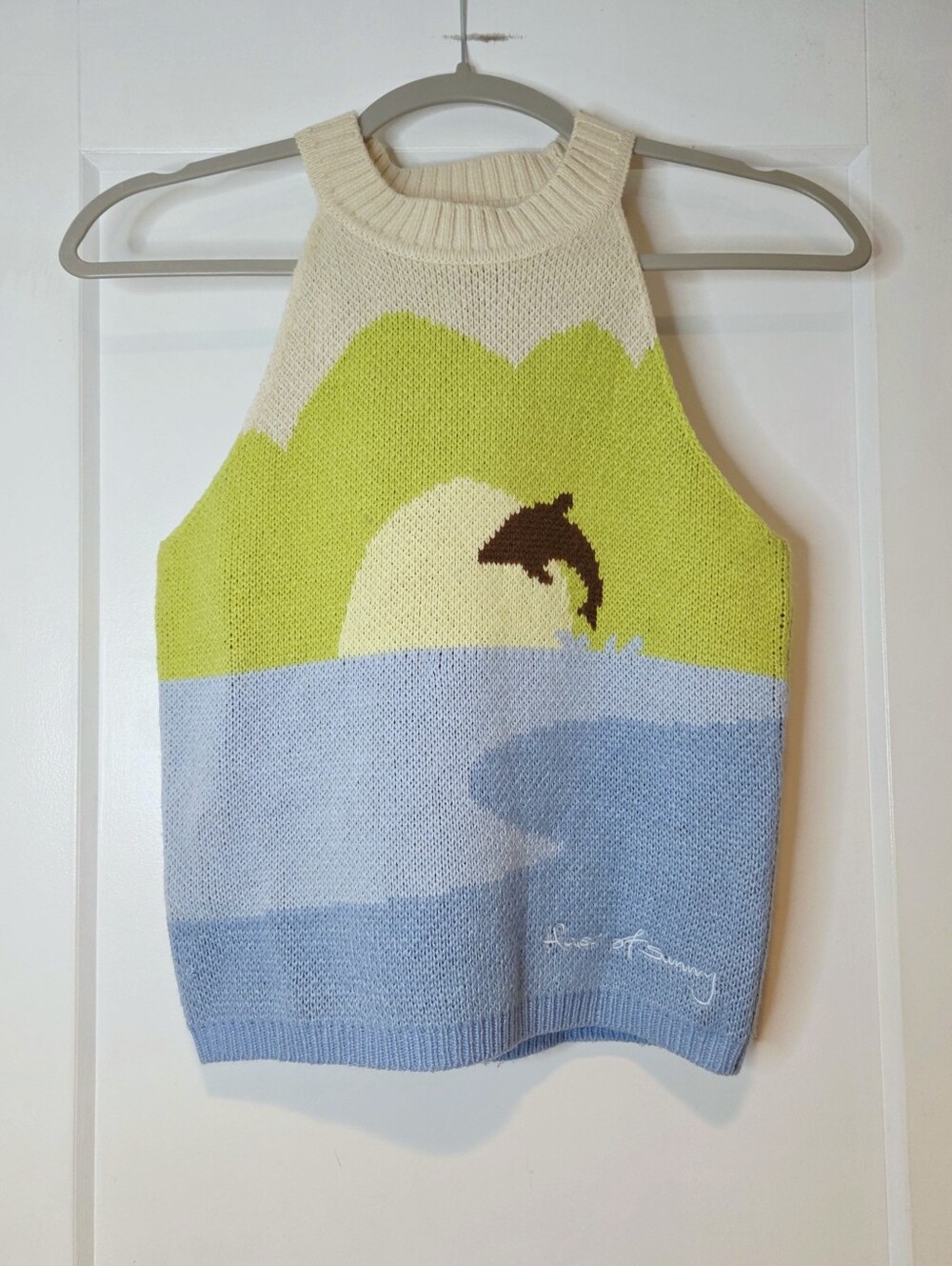 House of Sunny Dolphin Landscape Knit Halter Tank Top Size 8
